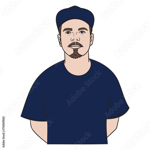 young man with beard and blue cap. comic illustration