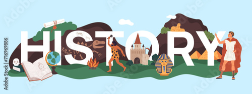Historical site header. Online school class design, research, science education, ancient civilization culture. Huge letters. Educational poster cartoon flat isolated garish vector concept