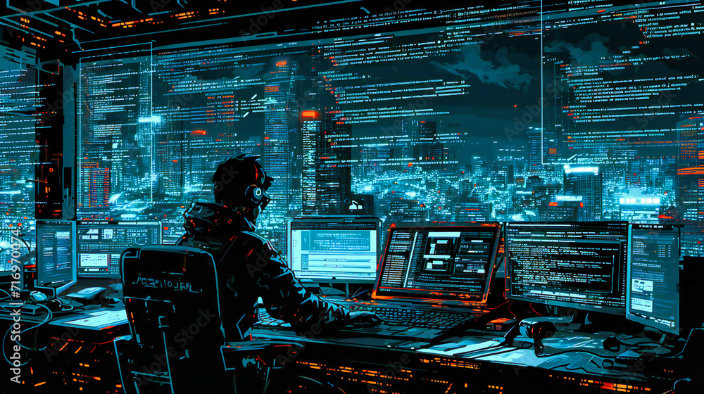 Cybersecurity in Action: Men Working on Computers in a Dark Room to Protect Digital Data Cybersecurity in Action: Men Working on Computers in a Dark Room to Protect Digital Data