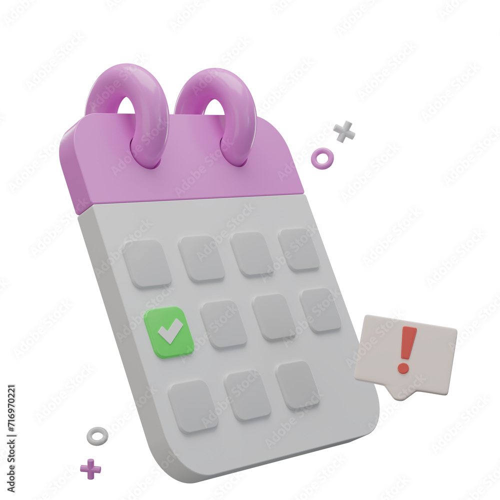 3d calendar with checkmark on a date, alert message, time management concept. 3d rendering 3d calendar with checkmark on a date, alert message, time management concept. 3d rendering