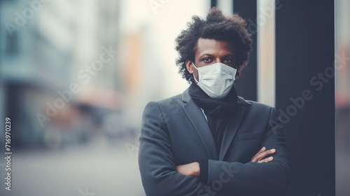 Contemplative African American man in a dark coat and mask stands on a city street, exuding a quiet strength amidst the urban backdrop