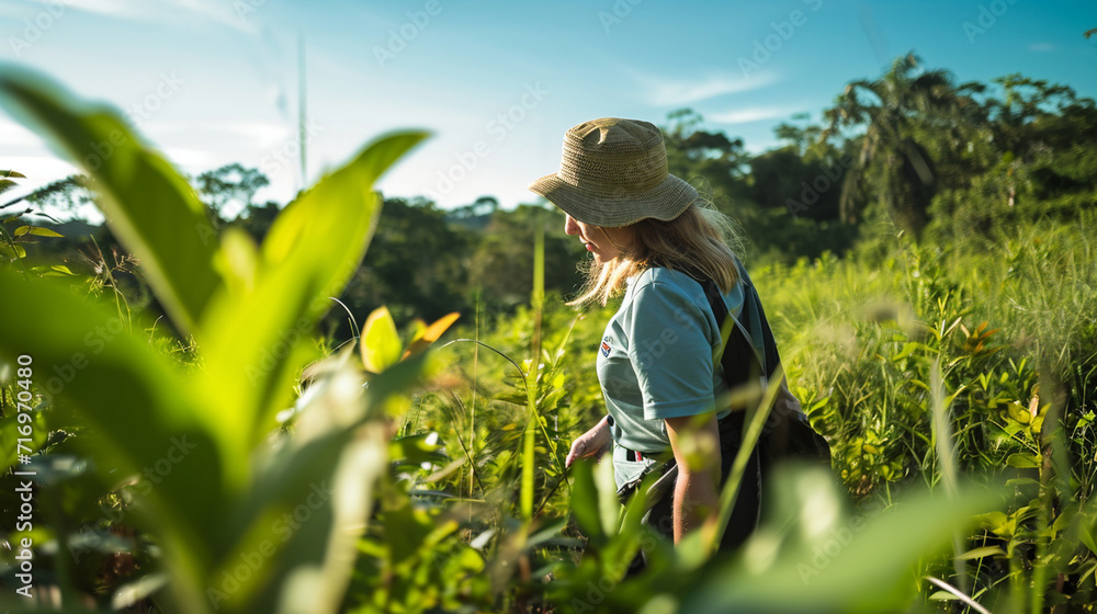 A scientist in a field, conducting ecological research, surrounded by lush vegetation and wildlife. The integration of nature and scientific exploration adds depth to the understan A scientist in a field, conducting ecological research, surrounded by lush vegetation and wildlife. The integration of nature and scientific exploration adds depth to the understan