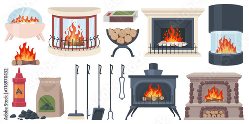 Fireplaces and hearths elements. Lighting home fire accessories, interior heating facilities, woodcutter, coals and ignition, modern and retro design, cartoon recent vector set