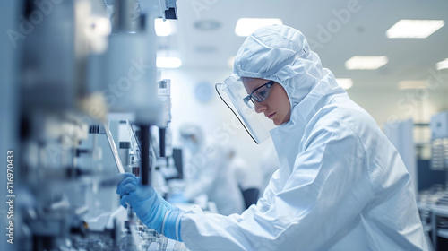 A researcher in a cleanroom environment, handling delicate electronic components for semiconductor research. The sterile atmosphere and precision highlight the importance of contro photo