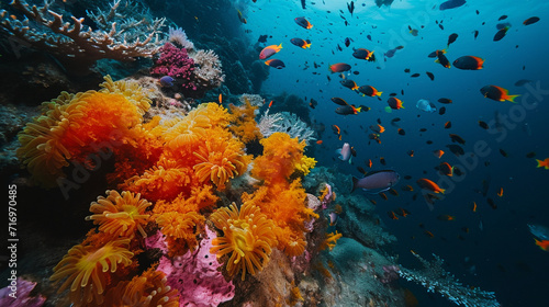 An underwater research expedition featuring marine scientists exploring coral reefs and documenting marine life. The vibrant underwater colors and scientific exploration combine in