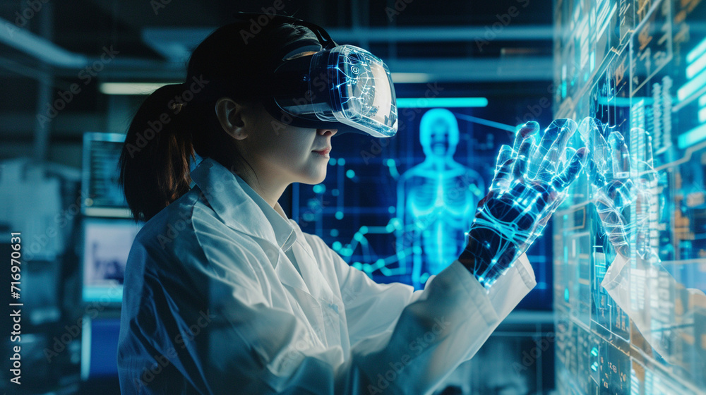 A laboratory scene featuring a scientist using a futuristic virtual reality interface to simulate complex experiments. The intersection of technology and scientific exploration is A laboratory scene featuring a scientist using a futuristic virtual reality interface to simulate complex experiments. The intersection of technology and scientific exploration is