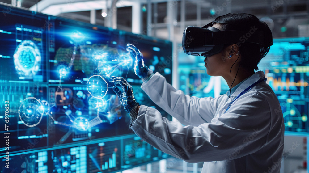 A laboratory scene featuring a scientist using a futuristic virtual reality interface to simulate complex experiments. The intersection of technology and scientific exploration is A laboratory scene featuring a scientist using a futuristic virtual reality interface to simulate complex experiments. The intersection of technology and scientific exploration is