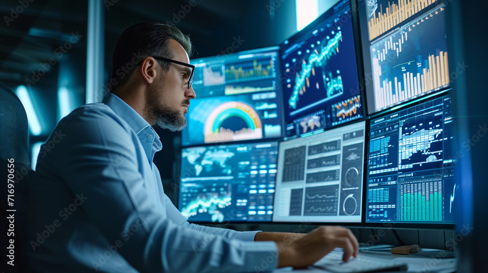 A scientist studying climate change data on a computer screen, surrounded by charts and graphs. The serious atmosphere and visual representation of data highlight the urgency of en A scientist studying climate change data on a computer screen, surrounded by charts and graphs. The serious atmosphere and visual representation of data highlight the urgency of en