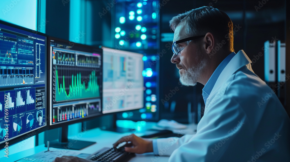 A scientist studying climate change data on a computer screen, surrounded by charts and graphs. The serious atmosphere and visual representation of data highlight the urgency of en A scientist studying climate change data on a computer screen, surrounded by charts and graphs. The serious atmosphere and visual representation of data highlight the urgency of en
