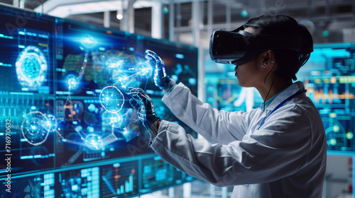 A laboratory scene featuring a scientist using a futuristic virtual reality interface to simulate complex experiments. The intersection of technology and scientific exploration is