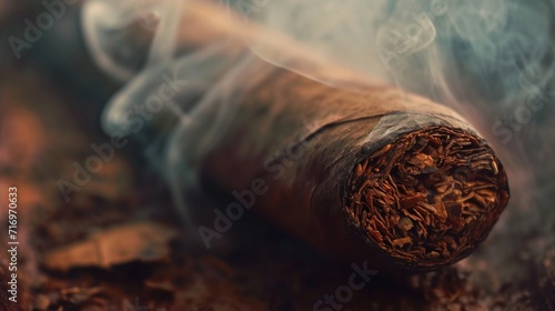 A picture of a cigar with smoke emanating from it. This image can be used to depict relaxation, indulgence, or a smoking-related concept