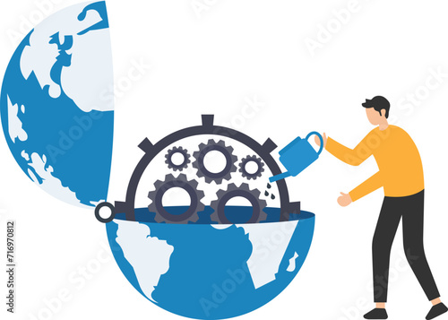 World economics or global and international financial treatment, Fix inflation or help, Support other countries to recover from crisis, Fixing the world, Man lubricate globe mechanics

