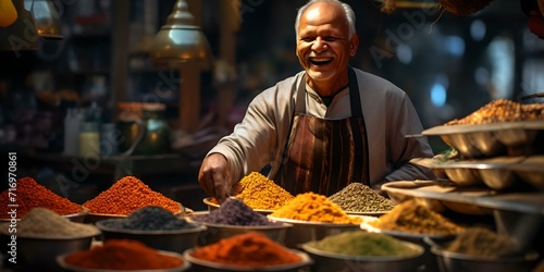Cheerful merchant presenting colorful spices at a traditional market. exotic spices on display. a vibrant marketplace scene. AI photo