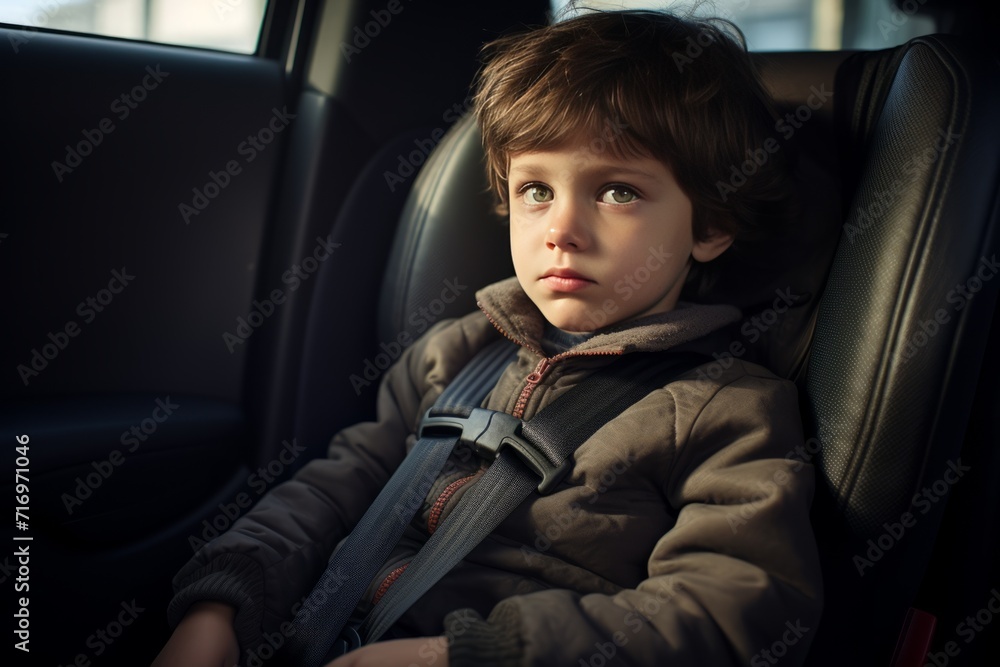 A schoolboy boy in a gray sweatshirt sitting in a car seat wearing seat belts. Safe transportation of children in transport. A schoolboy boy in a gray sweatshirt sitting in a car seat wearing seat belts. Safe transportation of children in transport.