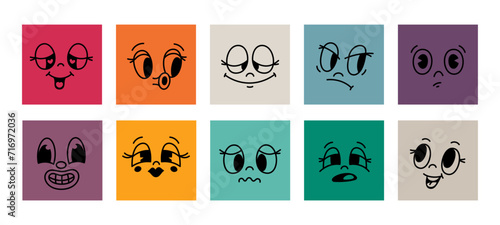 Colored squares with retro faces. Funny cartoon mascot, comic character, vintage animation style, psychedelic emoji, 50s style stickers, retro smile cute mouth and eyes, garish vector set