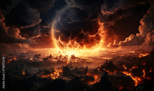 Apocalyptic vision of earth with explosive impact causing fiery destruction and clouds of smoke photo