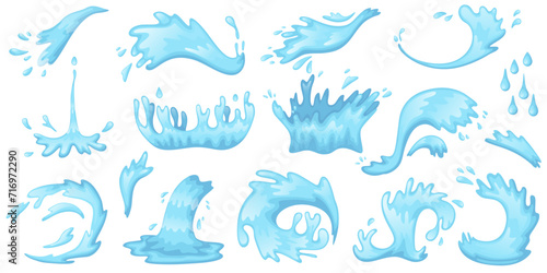 Cartoon water splashes. Blue waves, drops, spray, pure liquid different shapes, clean aqua, flying and flowing particles, sea and ocean droplets in motion, recent vector isolated set photo