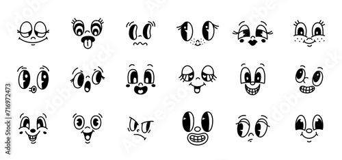 Cartoon retro faces. 50s, 60s old animation elements, funny comics characters, cute emotions, vintage happy mascot characters. Creator elements isolated 1950s style garish vector set
