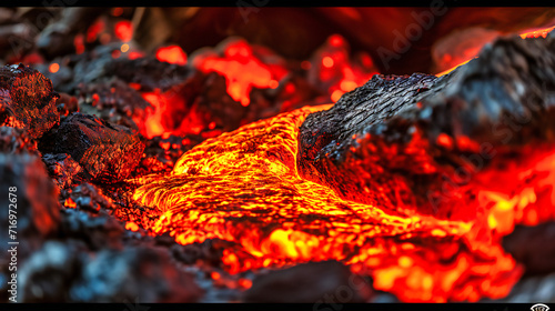 Intense Flames and Heat: Close-Up of a Fiery Fireplace with Burning Coal and Wood