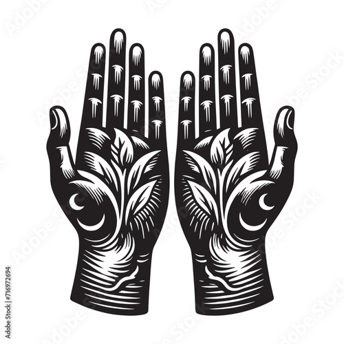 beautiful engraved abstract illustration of hands. Plants, magic. Black lines. Tattoo, print. Palmistry