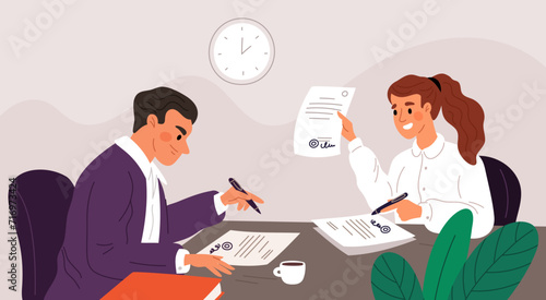 Business transaction in office. Signing documents, parties agreement, contract conclusion, man in suit signs papers, persons cooperation, deal cartoon flat isolated garish vector concept