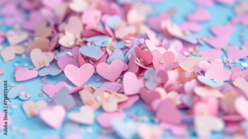 A dense collection of pastel paper hearts in shades of pink, blue, and purple. A dense collection of pastel paper hearts in shades of pink, blue, and purple.