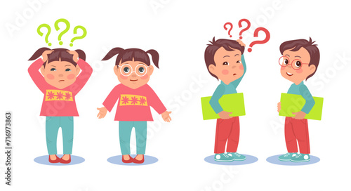 Boy and girl see poorly without glasses and well with eyeglasses. Sad children Poor eyesight, eye sight and vision therapy, ophthalmology clinic. Cartoon flat isolated vector concept