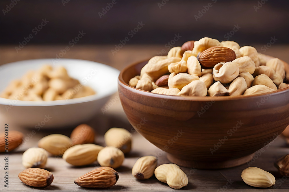 Almonds cashews walnuts in a bowl on a wooden table on a white plate Almonds cashews walnuts in a bowl on a wooden table on a white plate