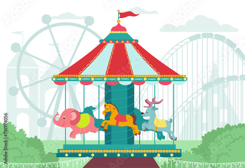 Beautiful children carousel at city amusement park. Carnival entertainment equipment with horse and elephant. Boys and girls leisure at playground. Cartoon flat isolated vector concept