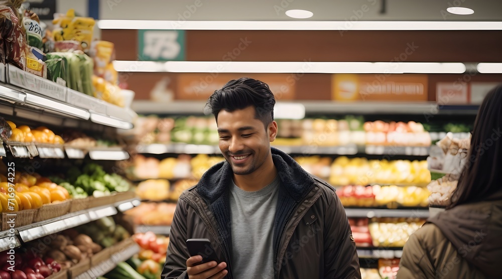 Happy man using mobile phone app while buying groceries in supermarket and looking at camera.


