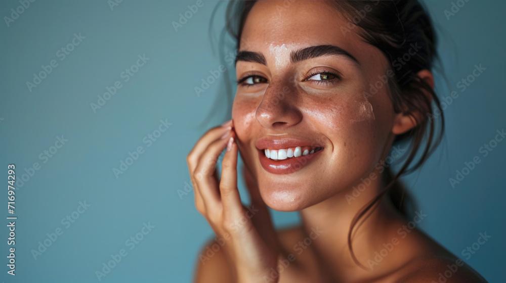 Smiling woman with a hand gently touching her face, displaying clear skin and a joyful expression. Smiling woman with a hand gently touching her face, displaying clear skin and a joyful expression.