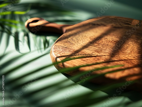 Round wooden cutting board on a dark background.