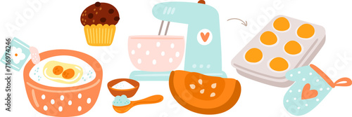 Bakery composition. Culinary ingredients and mixer. Making pumpkin cupcakes with chocolate, cooking process, recipe or menu cover, prepare sweet food and pastry, cartoon vector illustration