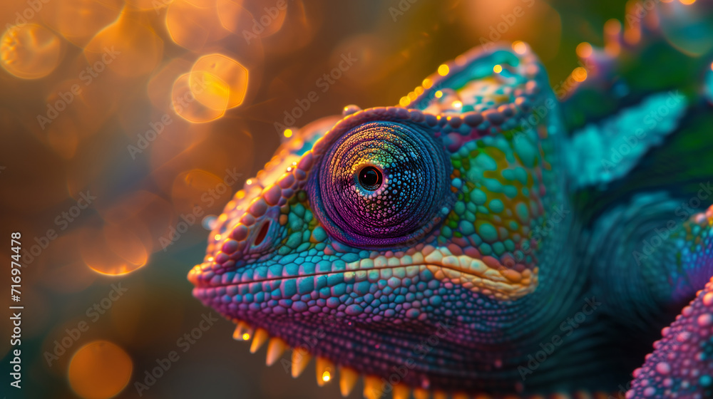 Macro shot of a chameleon, in bright colors with water drops, extreme close-up
