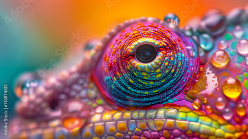 Macro shot of a chameleon, in bright colors with water drops, extreme close-up