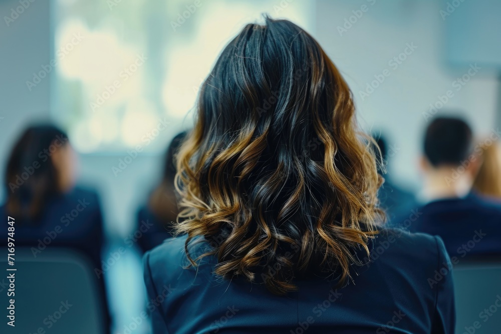 Fototapeta premium A woman sitting in front of a group of people. Suitable for business meetings, presentations, and team discussions