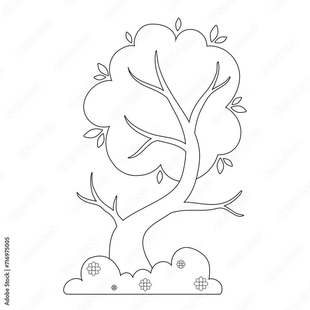 Contour, coloring of spring trees with flowering grass. Vector graphics.