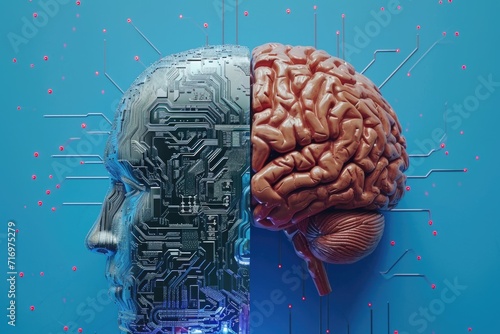 Artificial intelligence versus humans. Robot and human heads facing each other photo