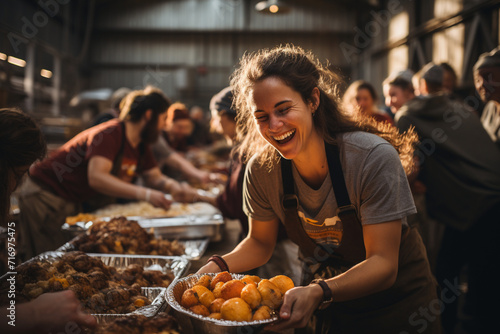 A celebratory image of volunteers organizing a community feast for the less fortunate, highlighting the joy and unity that arise from collective efforts to help those in need. photo