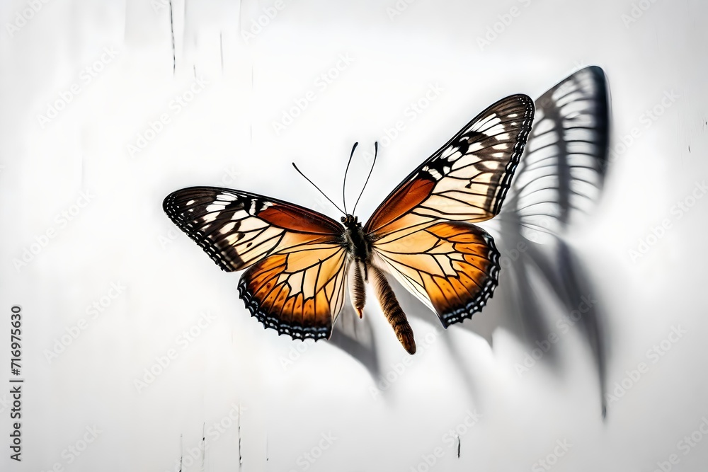 Fototapeta premium Butterfly hanging on wall, side view, illustration style, whaite background