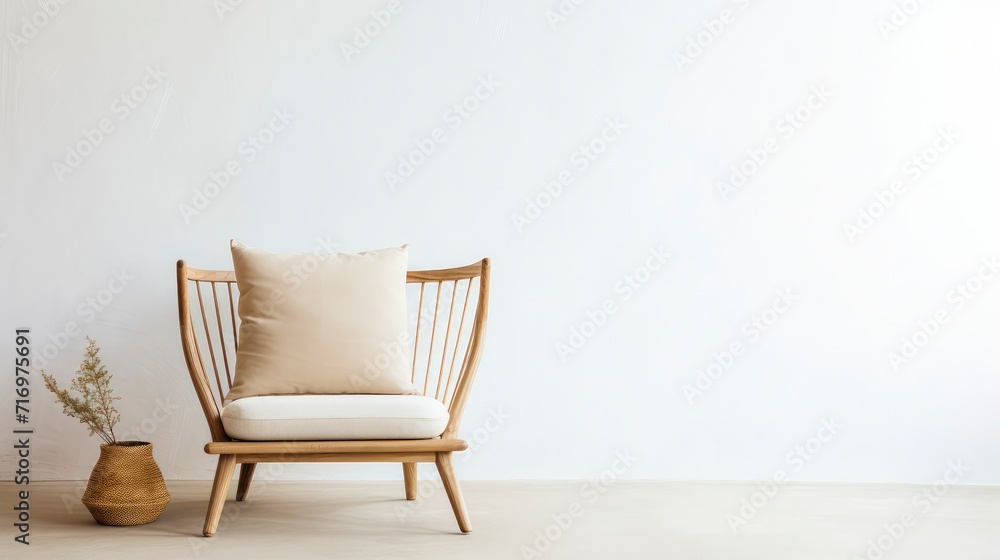 A chair in front of a plain wall. Copy space. Space for text - obrazy, fototapety, plakaty 