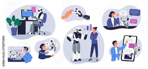 People using AI. Artificial intelligence helps to create content. Collaboration with robots. Self learning chatbot technology. Worker and android working together. Garish vector set