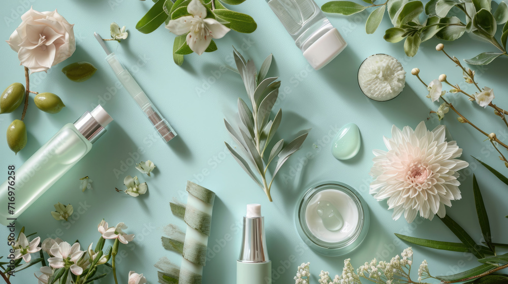 Flat lay composition of skincare products and natural elements on a pastel blue background - obrazy, fototapety, plakaty 