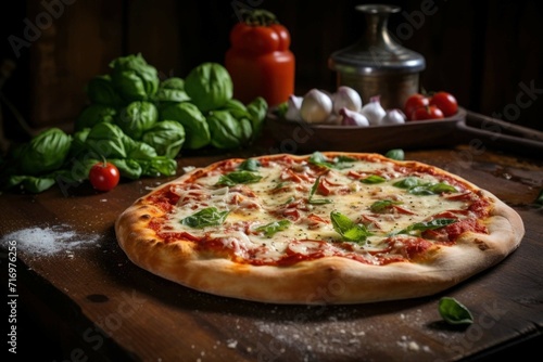 Freshly baked pizza rustic table food.