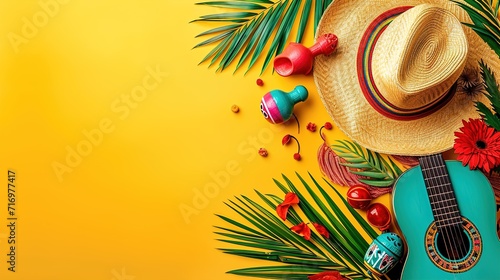 Minimalist modern mexican Cinco de Mayo holiday background, warm yellow background top view. Flat layout style, generative ai, Minimalist modern mexico fiesta background with hat, maracas, guitar