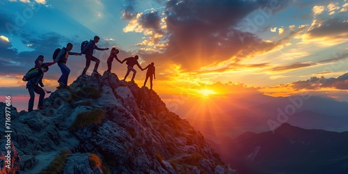 Panoramic view of team of people holding hands and helping each other reach the mountain top in spectacular mountain sunset landscape, generative ai