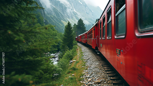 Red train in Mountains, travel concept. 