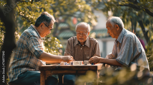 Senior Asian people playing Mahjong outdoors