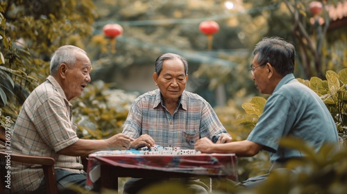 Senior Asian people playing Mahjong outdoors photo