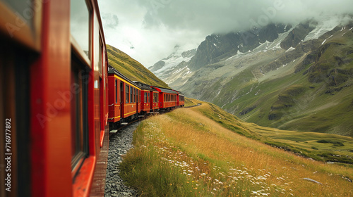 Red train in Mountains, travel concept. 